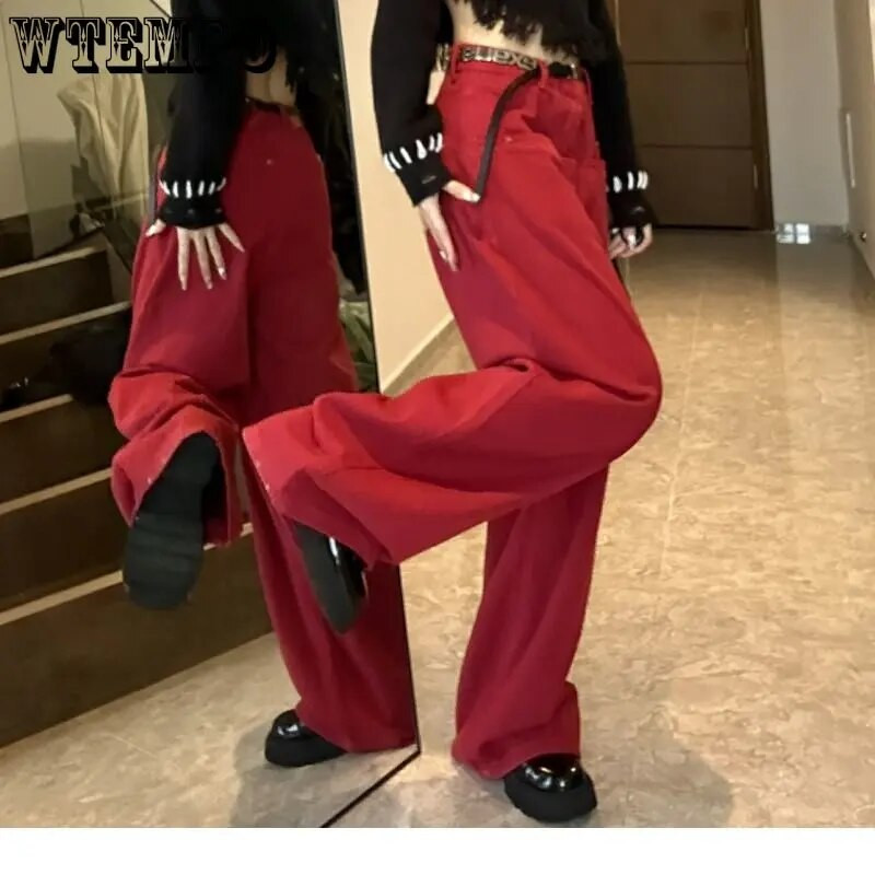 Y2k utcai viselet alkalmi divat, laza piros farmer női magas derekú széles szárú nadrág kényelmes farmer Anya nadrág hiphop ősz