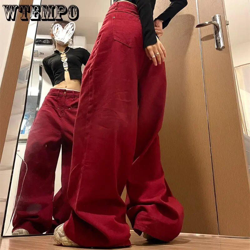 Y2k utcai viselet alkalmi divat, laza piros farmer női magas derekú széles szárú nadrág kényelmes farmer Anya nadrág hiphop ősz