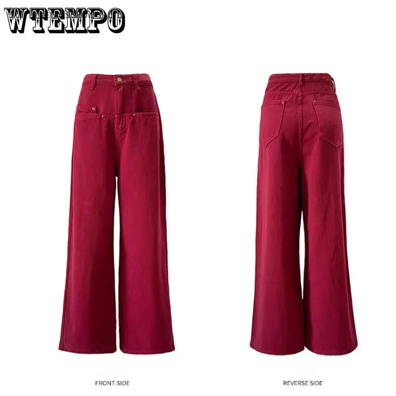 Y2k utcai viselet alkalmi divat, laza piros farmer női magas derekú széles szárú nadrág kényelmes farmer Anya nadrág hiphop ősz
