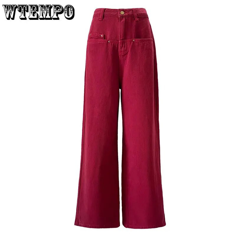 Y2k utcai viselet alkalmi divat, laza piros farmer női magas derekú széles szárú nadrág kényelmes farmer Anya nadrág hiphop ősz