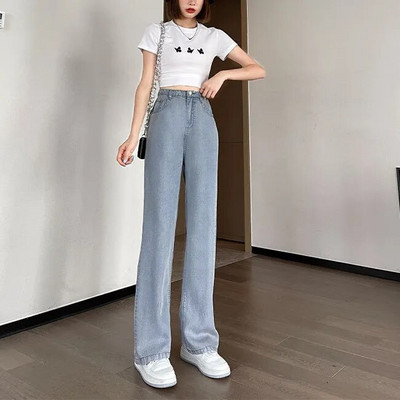 Mīkstie korejiešu džinsi sieviešu vasaras īpaši plāni ar augstu vidukli, taisni, ledus zīda džinsa bikses jauniešiem, vienkāršas ikdienas bikses ar platām kājām