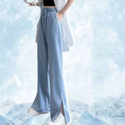 Mīkstie korejiešu džinsi sieviešu vasaras īpaši plāni ar augstu vidukli, taisni, ledus zīda džinsa bikses jauniešiem, vienkāršas ikdienas bikses ar platām kājām