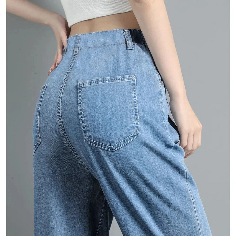 Mīkstie korejiešu džinsi sieviešu vasaras īpaši plāni ar augstu vidukli, taisni, ledus zīda džinsa bikses jauniešiem, vienkāršas ikdienas bikses ar platām kājām