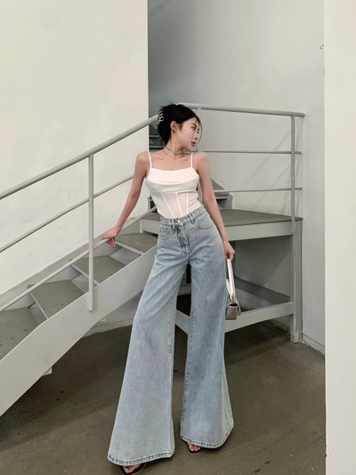 Jielur Gaiši zili vintage pilna garuma džinsi brīvi ar augstu vidukli vienkrāsaini sieviešu bikses ar platām kājām Modes Streetwear pamata džinsi