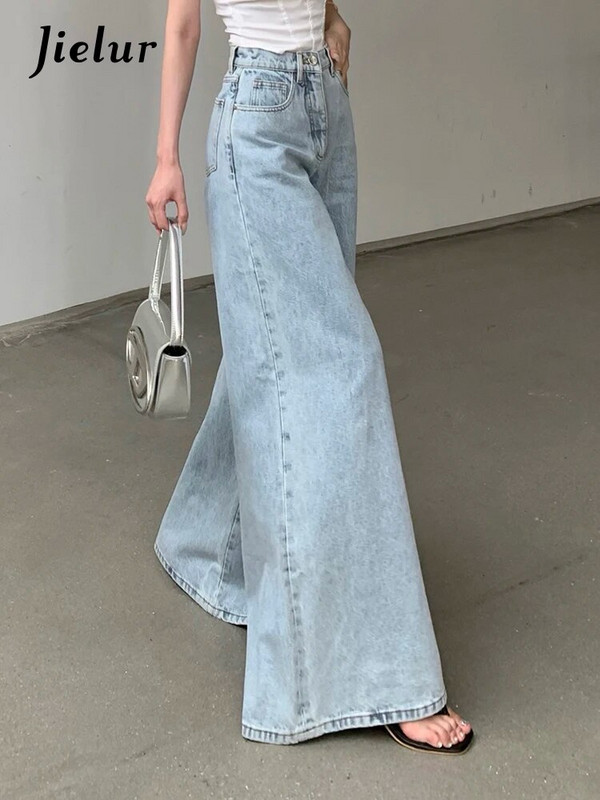 Jielur Gaiši zili vintage pilna garuma džinsi brīvi ar augstu vidukli vienkrāsaini sieviešu bikses ar platām kājām Modes Streetwear pamata džinsi