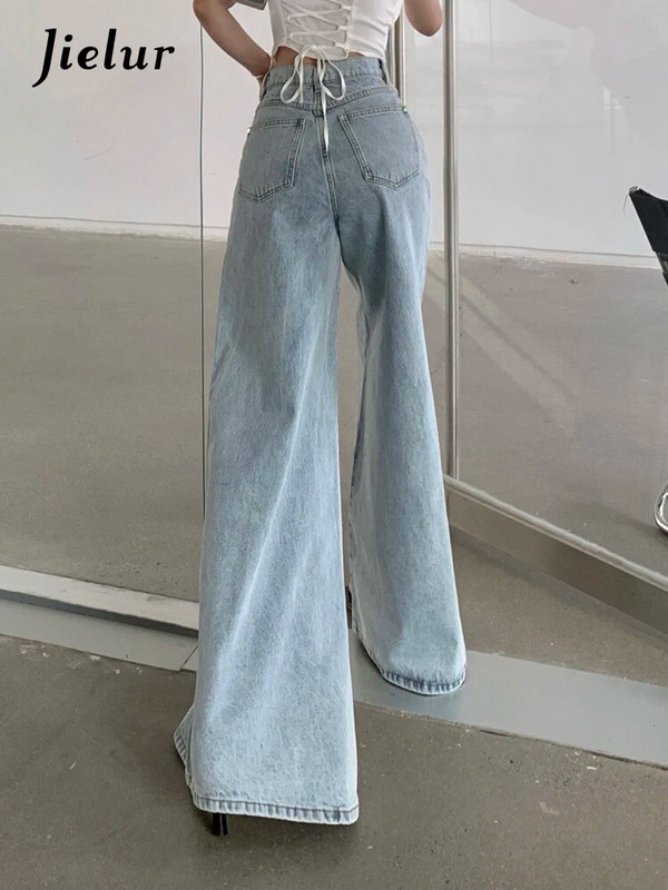 Jielur Gaiši zili vintage pilna garuma džinsi brīvi ar augstu vidukli vienkrāsaini sieviešu bikses ar platām kājām Modes Streetwear pamata džinsi