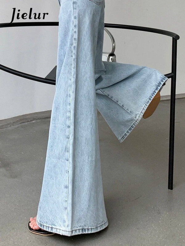 Jielur Gaiši zili vintage pilna garuma džinsi brīvi ar augstu vidukli vienkrāsaini sieviešu bikses ar platām kājām Modes Streetwear pamata džinsi
