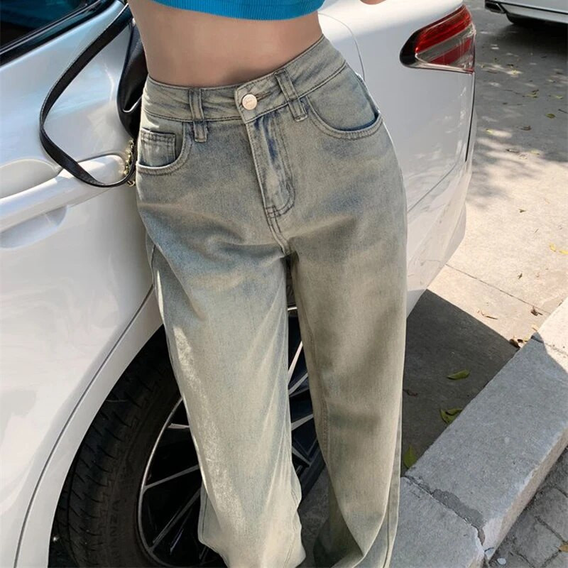 „Lucyever“ šviesiai mėlyni skalbti džinsai moterims Vintažinės suvaržytos džinsinės kelnės, moteriškos korėjietiškos gatvės aprangos tiesios kelnės