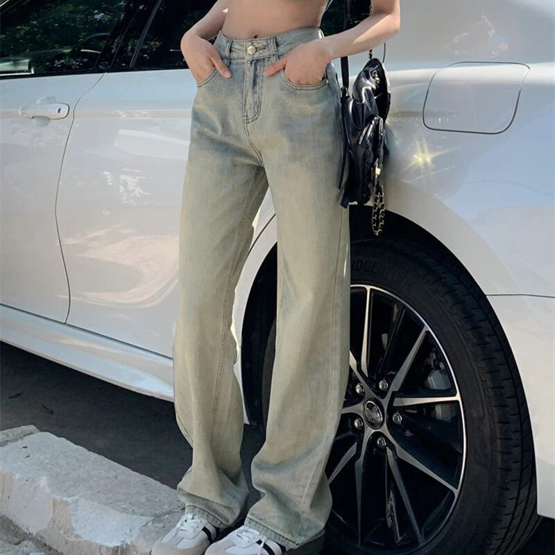 „Lucyever“ šviesiai mėlyni skalbti džinsai moterims Vintažinės suvaržytos džinsinės kelnės, moteriškos korėjietiškos gatvės aprangos tiesios kelnės