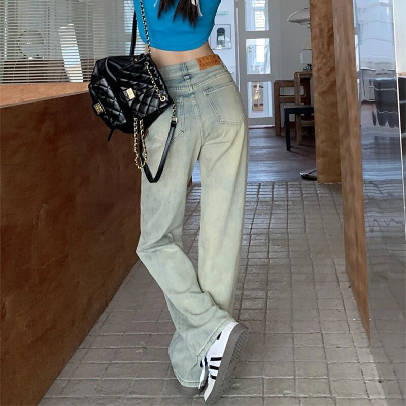 „Lucyever“ šviesiai mėlyni skalbti džinsai moterims Vintažinės suvaržytos džinsinės kelnės, moteriškos korėjietiškos gatvės aprangos tiesios kelnės