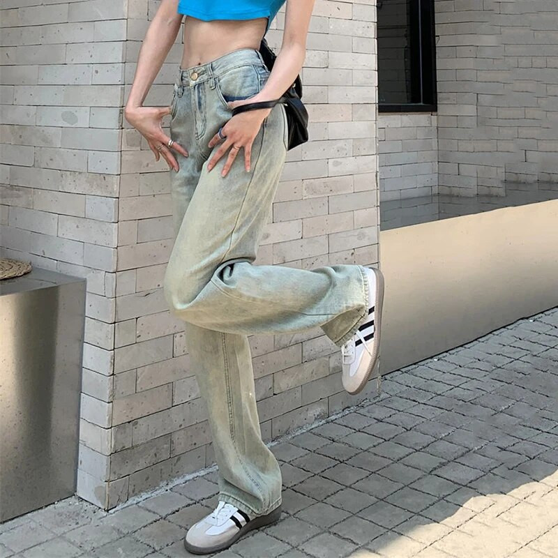 „Lucyever“ šviesiai mėlyni skalbti džinsai moterims Vintažinės suvaržytos džinsinės kelnės, moteriškos korėjietiškos gatvės aprangos tiesios kelnės