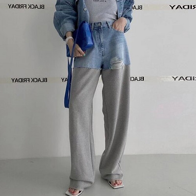 SuperAen korejiešu CHIC pavasara niša vintage ar augstu vidukli, nošķeltas malas kontrasta paneļa dizains, platas džinsi sievietēm