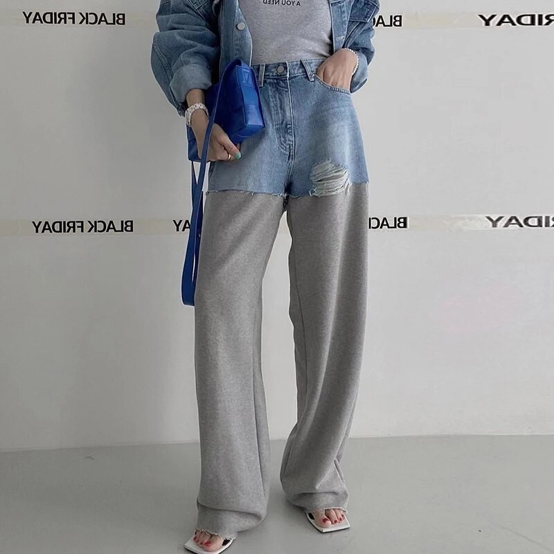 SuperAen korejiešu CHIC pavasara niša vintage ar augstu vidukli, nošķeltas malas kontrasta paneļa dizains, platas džinsi sievietēm