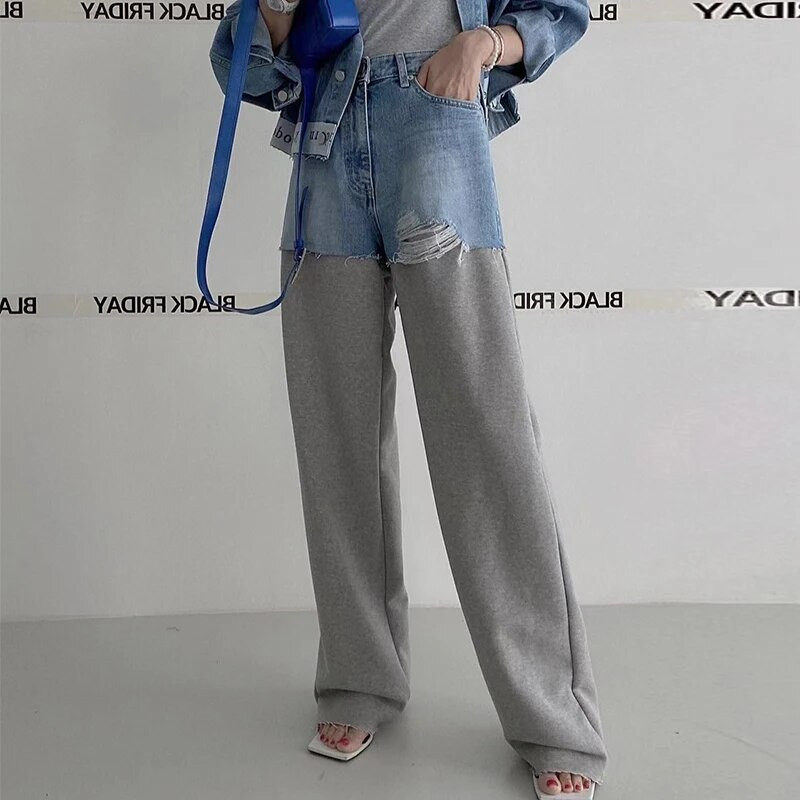 SuperAen korejiešu CHIC pavasara niša vintage ar augstu vidukli, nošķeltas malas kontrasta paneļa dizains, platas džinsi sievietēm