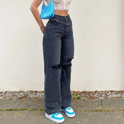 Női széles szárú szakadt farmer Női Vintage fekete Y2K Punk magas derekú, bő farmer nadrág Streetwear divatos hosszú korcsolyázó nadrág