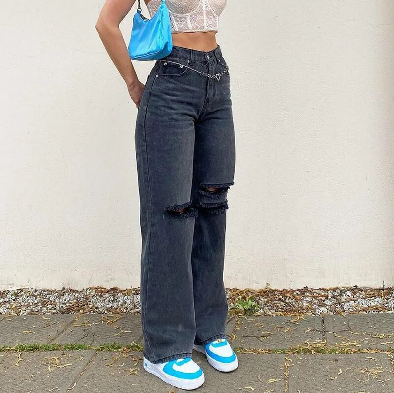 Női széles szárú szakadt farmer Női Vintage fekete Y2K Punk magas derekú, bő farmer nadrág Streetwear divatos hosszú korcsolyázó nadrág