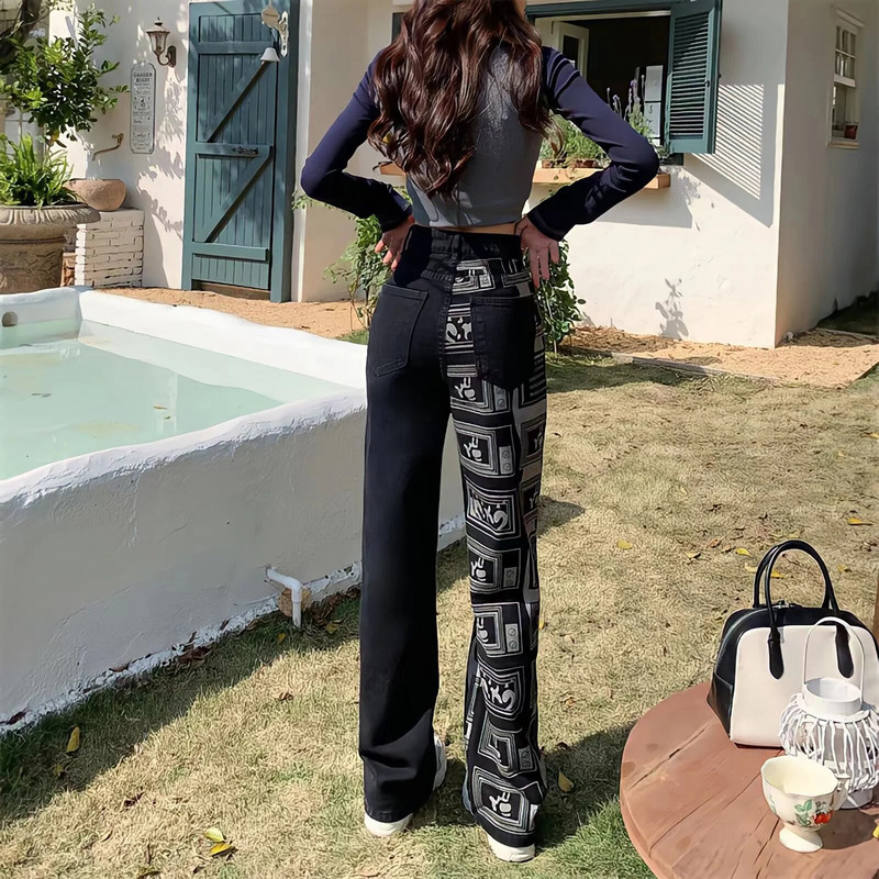 2023. gada modes sieviešu raibs burts ar augstu vidukli, Y2kvintage džinsa bikses, ielu stila apdruka, panka, taisni, plati, maisi džinsi