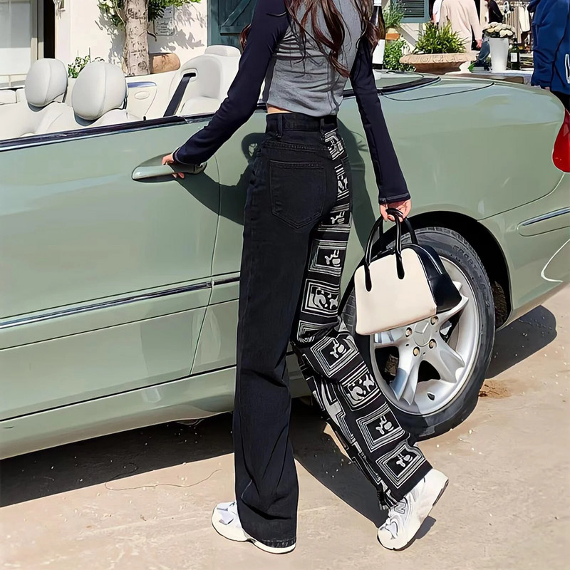 2023. gada modes sieviešu raibs burts ar augstu vidukli, Y2kvintage džinsa bikses, ielu stila apdruka, panka, taisni, plati, maisi džinsi