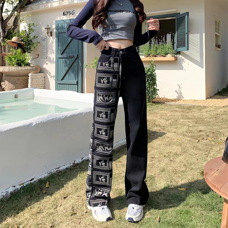 2023. gada modes sieviešu raibs burts ar augstu vidukli, Y2kvintage džinsa bikses, ielu stila apdruka, panka, taisni, plati, maisi džinsi