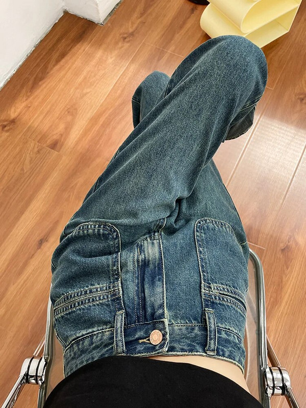 Be tamprumo moteriški džinsai nauji tiesios kojos plati gatvės apranga aukštu juosmeniu vaikino kišenės džinsinės kelnės krovininės kelnės japoniškos y2k