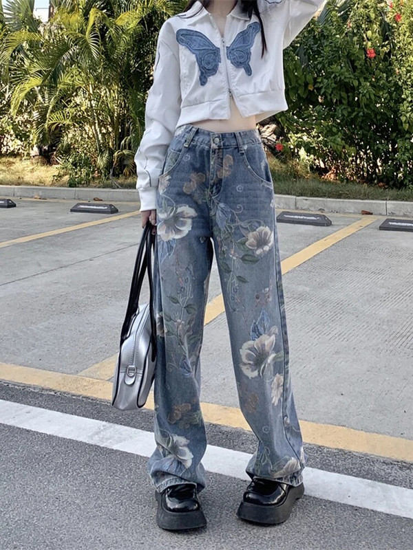 Mazgāts ziedu raksts Baggy džinsi High Street brīvi taisni Y2K džinsi ikdienas ielas hip hop sieviešu džinsi