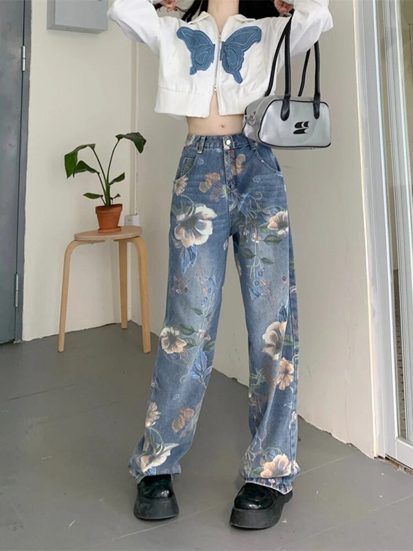 Mazgāts ziedu raksts Baggy džinsi High Street brīvi taisni Y2K džinsi ikdienas ielas hip hop sieviešu džinsi
