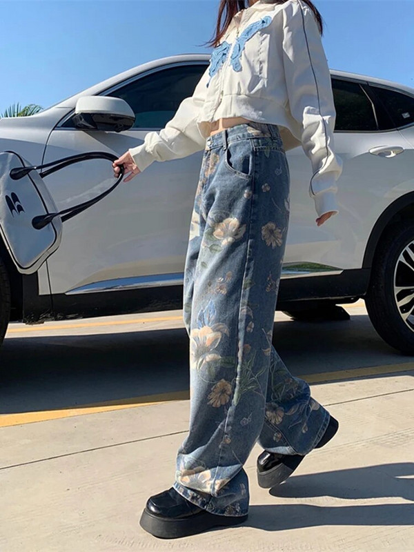 Mazgāts ziedu raksts Baggy džinsi High Street brīvi taisni Y2K džinsi ikdienas ielas hip hop sieviešu džinsi