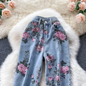 Νέο Rose Flower Print Blue Jeans Γυναικείο ίσιο μακρύ τζιν παντελόνι Κομψό καλοκαιρινό & φθινόπωρο γυναικείο παντελόνι Y2k φαρδύ φαρδύ τζιν