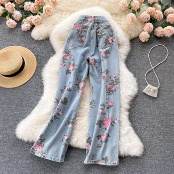 Νέο Rose Flower Print Blue Jeans Γυναικείο ίσιο μακρύ τζιν παντελόνι Κομψό καλοκαιρινό & φθινόπωρο γυναικείο παντελόνι Y2k φαρδύ φαρδύ τζιν