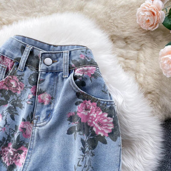 Νέο Rose Flower Print Blue Jeans Γυναικείο ίσιο μακρύ τζιν παντελόνι Κομψό καλοκαιρινό & φθινόπωρο γυναικείο παντελόνι Y2k φαρδύ φαρδύ τζιν