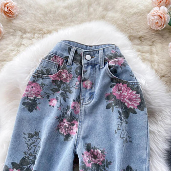 Νέο Rose Flower Print Blue Jeans Γυναικείο ίσιο μακρύ τζιν παντελόνι Κομψό καλοκαιρινό & φθινόπωρο γυναικείο παντελόνι Y2k φαρδύ φαρδύ τζιν