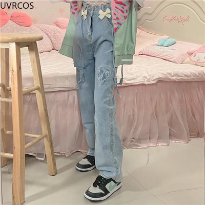 Japoniško stiliaus džinsai su aukštu juosmeniu Moteriški mielas lankelis tiesios džinsinės kelnės High Street gotikinės laisvos kelnės moteriškos meilės plačios kojos džinsai