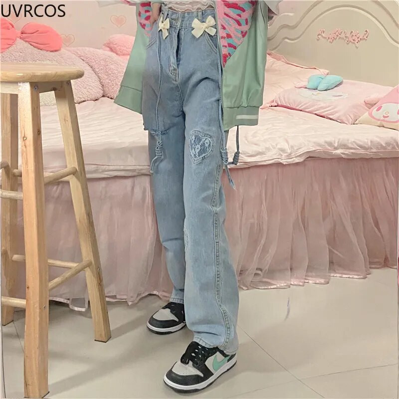 Japoniško stiliaus džinsai su aukštu juosmeniu Moteriški mielas lankelis tiesios džinsinės kelnės High Street gotikinės laisvos kelnės moteriškos meilės plačios kojos džinsai