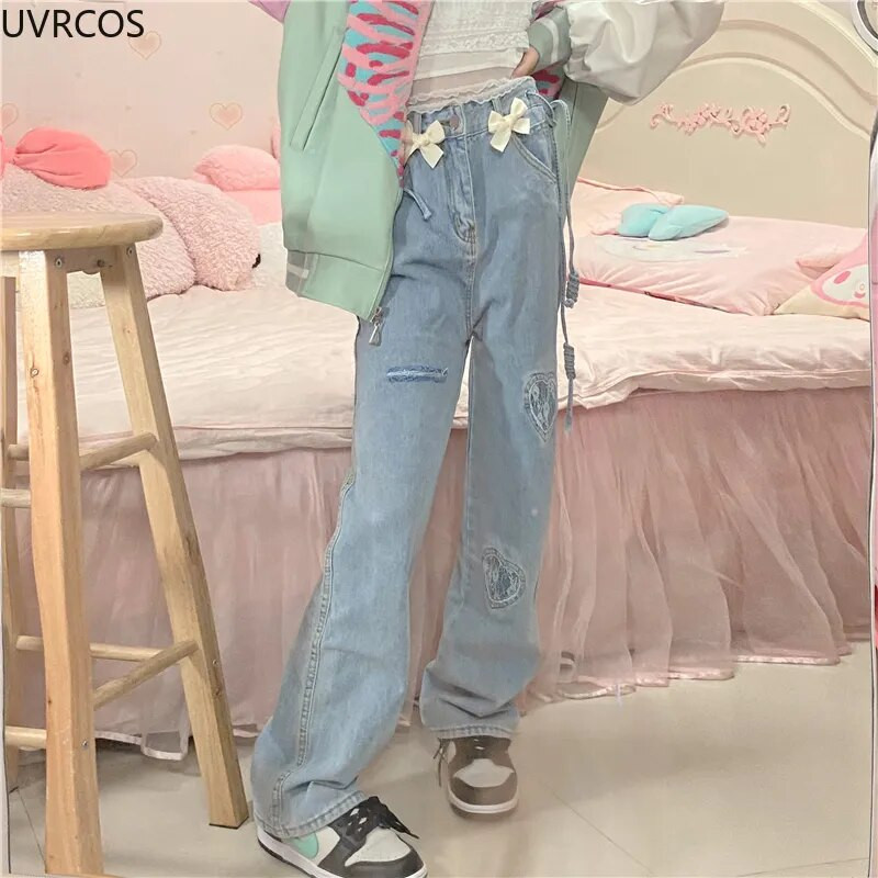Japoniško stiliaus džinsai su aukštu juosmeniu Moteriški mielas lankelis tiesios džinsinės kelnės High Street gotikinės laisvos kelnės moteriškos meilės plačios kojos džinsai