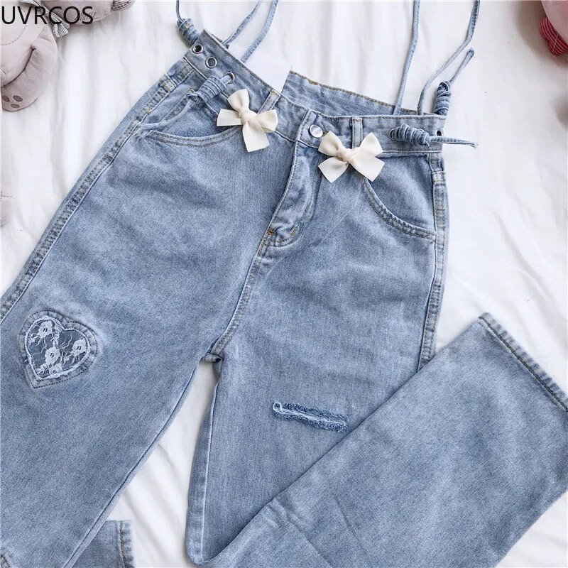 Japoniško stiliaus džinsai su aukštu juosmeniu Moteriški mielas lankelis tiesios džinsinės kelnės High Street gotikinės laisvos kelnės moteriškos meilės plačios kojos džinsai