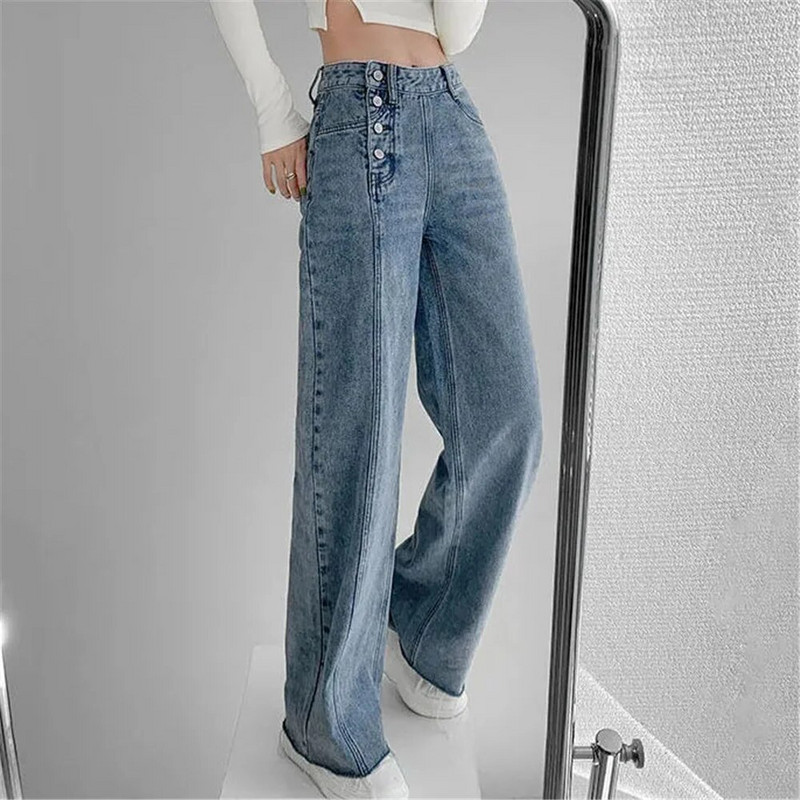 Neregulāras pogas Desigual ar augstu vidukli, vaļīgas platas kājas džinsi, nobružāti pušķi Sieviešu džinsu bikses Y2k korejiešu Harajuku ielas apģērba bikses