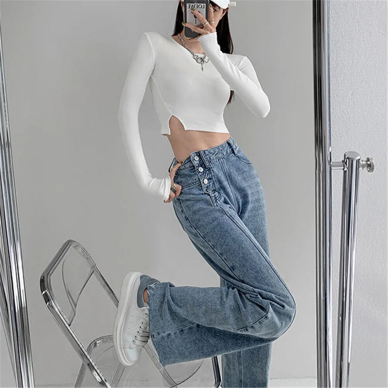 Neregulāras pogas Desigual ar augstu vidukli, vaļīgas platas kājas džinsi, nobružāti pušķi Sieviešu džinsu bikses Y2k korejiešu Harajuku ielas apģērba bikses