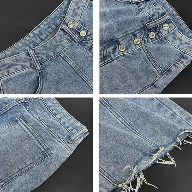 Neregulāras pogas Desigual ar augstu vidukli, vaļīgas platas kājas džinsi, nobružāti pušķi Sieviešu džinsu bikses Y2k korejiešu Harajuku ielas apģērba bikses