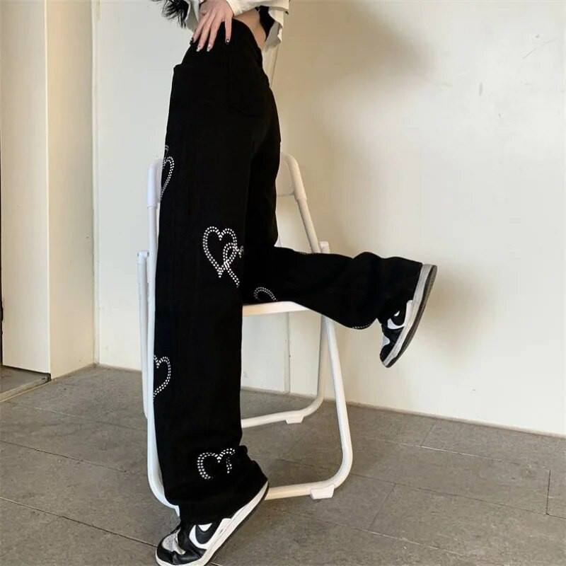 Ielu apģērbi Mode Sieviešu melni džinsi ar platām kājām Pavasara rudens korejiešu ikdienas bikses Hip Hop Harajuku kopjošas brīvas taisnas bikses