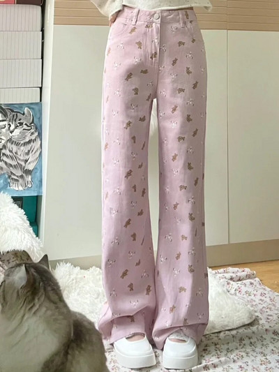 Deeptown Kawaii Cute Bear Pink Baggy Džinsi Sieviešu korejiešu Modes Liela izmēra džinsa Bikses Saldas Japāņu stila Meiteņu bikses ar platām kājām