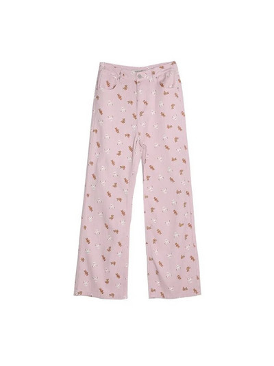 Deeptown Kawaii Cute Bear Pink Baggy Džinsi Sieviešu korejiešu Modes Liela izmēra džinsa Bikses Saldas Japāņu stila Meiteņu bikses ar platām kājām