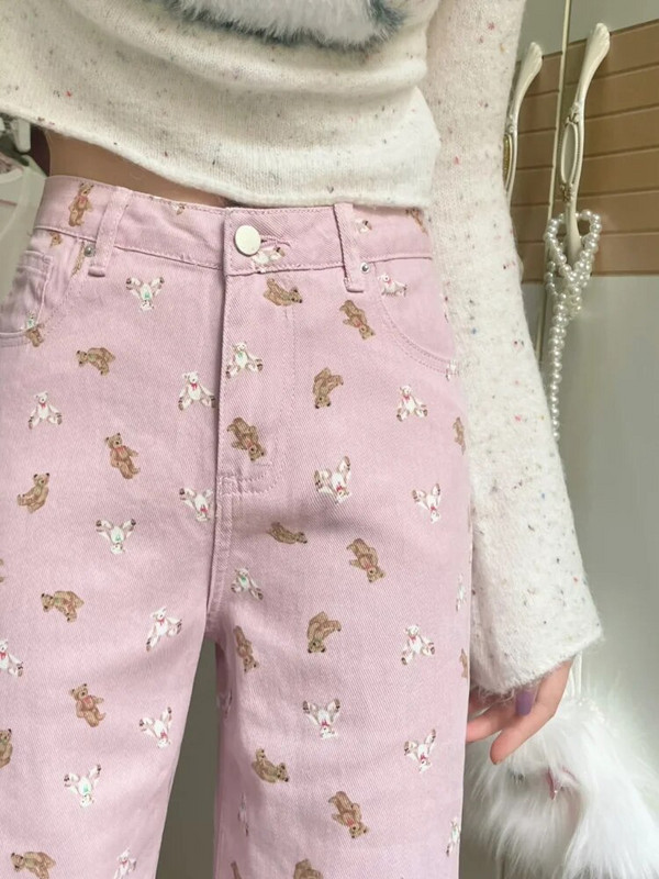 Deeptown Kawaii Cute Bear Pink Baggy Džinsi Sieviešu korejiešu Modes Liela izmēra džinsa Bikses Saldas Japāņu stila Meiteņu bikses ar platām kājām
