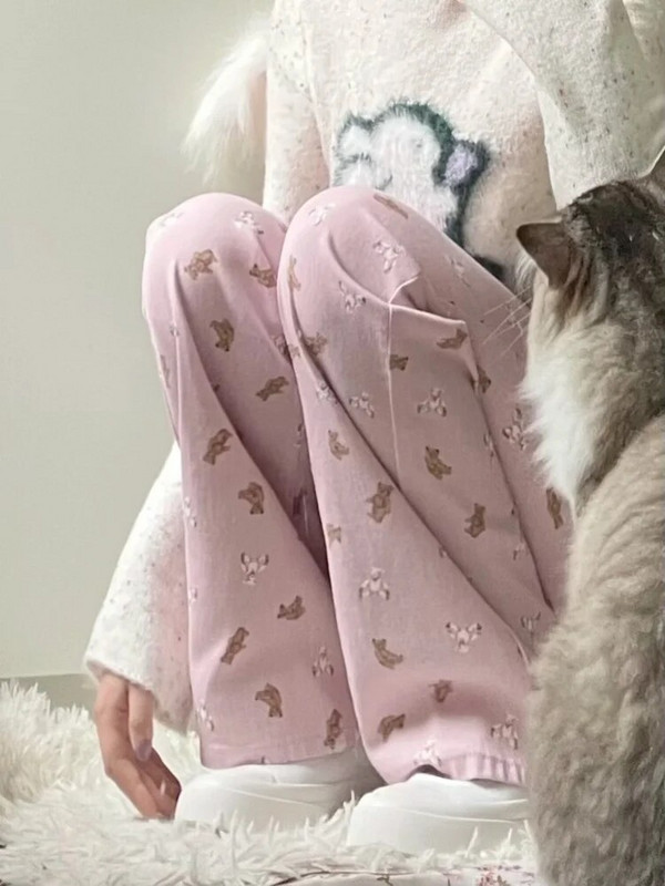 Deeptown Kawaii Cute Bear Pink Baggy Džinsi Sieviešu korejiešu Modes Liela izmēra džinsa Bikses Saldas Japāņu stila Meiteņu bikses ar platām kājām