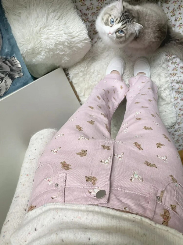 Deeptown Kawaii Cute Bear Pink Baggy Džinsi Sieviešu korejiešu Modes Liela izmēra džinsa Bikses Saldas Japāņu stila Meiteņu bikses ar platām kājām