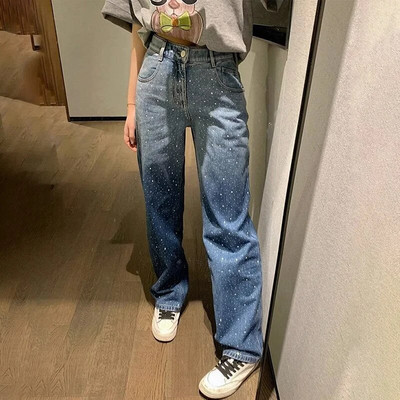 Modes izšūtas briljanta baggy džinsi Sieviešu korejiešu stila ar augstu vidukli, platām kājām Streetwear bikses Sieviešu ikdienas džinsa bikses