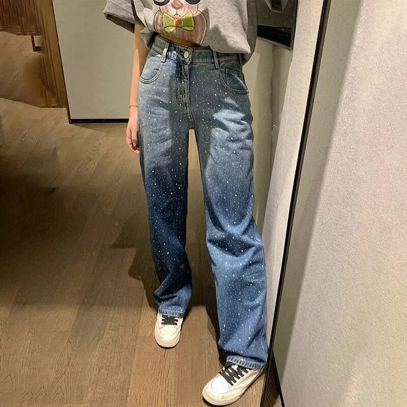 Modes izšūtas briljanta baggy džinsi Sieviešu korejiešu stila ar augstu vidukli, platām kājām Streetwear bikses Sieviešu ikdienas džinsa bikses
