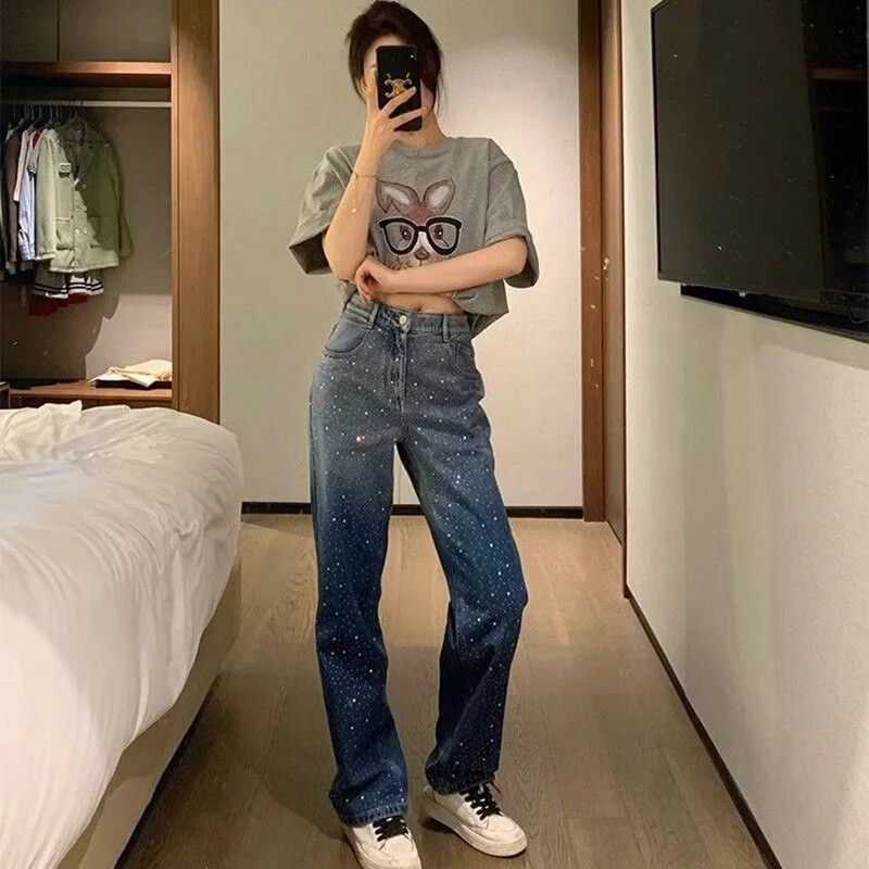 Modes izšūtas briljanta baggy džinsi Sieviešu korejiešu stila ar augstu vidukli, platām kājām Streetwear bikses Sieviešu ikdienas džinsa bikses