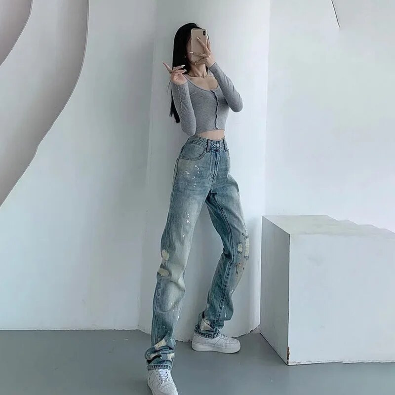Moteriški atsitiktiniai retro purslų rašalo džinsai korėjietiško stiliaus Y2k vidurio juosmens mados kelnės pavasario ir vasaros versijos moteriškos kelnės