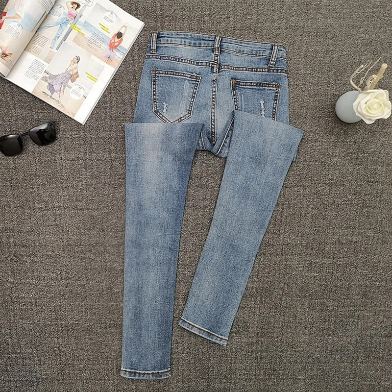 Mados prekės ženklo džinsai 3XL moteriškos laisvalaikio plonos džinsinės kelnės iki kulkšnies, elastingos juosmens, puoštos džinsinės kelnės