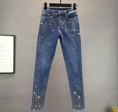 Sieviešu izstiepts ar augstu vidukli Klasisks retro džinsa sieviešu apģērbs, izšūts uzliesmojums, džinsa audums, šaurs ielāps Dizains Bikses zīmuļa bikses L13